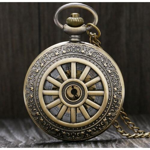 Retro Bronze Retro Pattern Hollow Quartz Pocket Watch With Necklace Chain Gift To Men Women Free Shipping