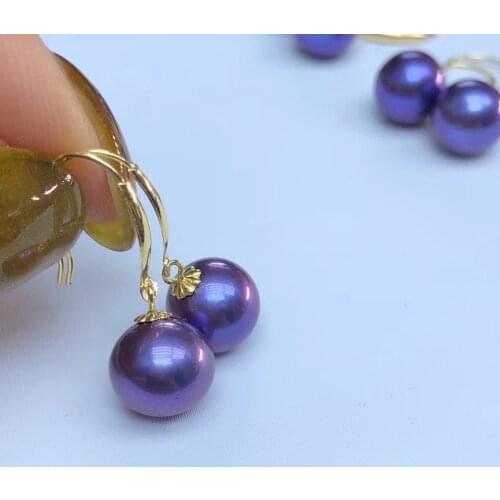 D608 Pearl Earrings Fine Jewelry Solid 18K Gold Round 7-8mm Nature Fresh Water Dark Purple Pearls Drop Dangle Earrings Presents