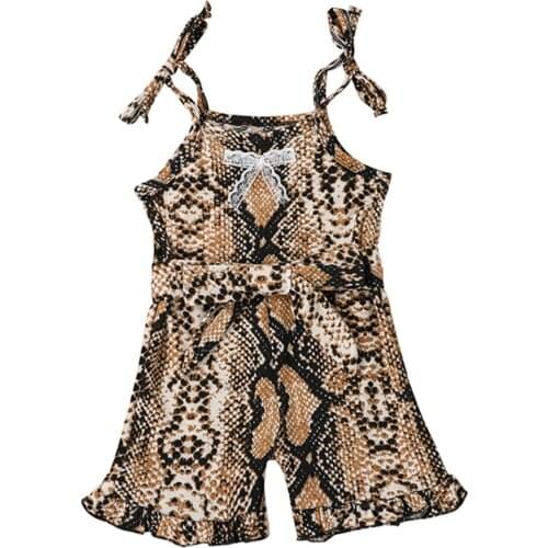 Children Girl’s Snake Skin Pattern One-piece Jumpsuit Sleeveless Flared Pants Lace-up Sling Rompers for Summer