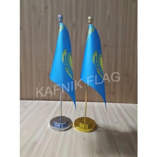 KAFNIK,Kazakhstan Office table desk flag with gold or silver metal flagpole base 14*21cm country flag free shipping