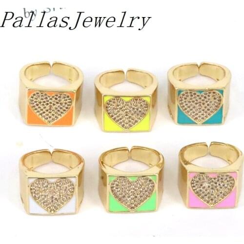 10Pcs Trendy enamel Cz Heart shape pink/blue/green/white/orange/yellow color finger ring jewelry for girl