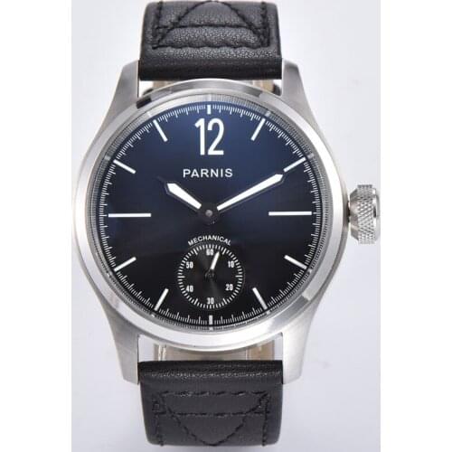 Parnis 44mm Men watches black dial luminous hand 17 jewels 6498 Manual winding movements luxury hand mechanical watches