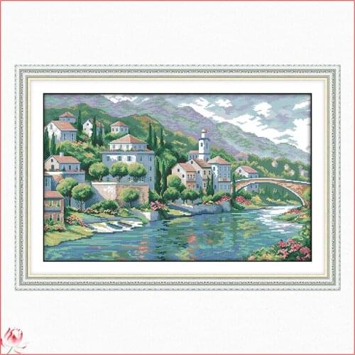 Joy Sunday River Town Scenery Pattern Cross Stitch Kit 14CT 11CT Printed Canvas DIY Embroidery Set Needlework Home Decoration