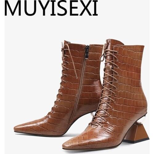 7cm high strange heels genuine leather plaid patterns lace up front zip charming winter keep warm square toe boot HL286 MUYISEXI