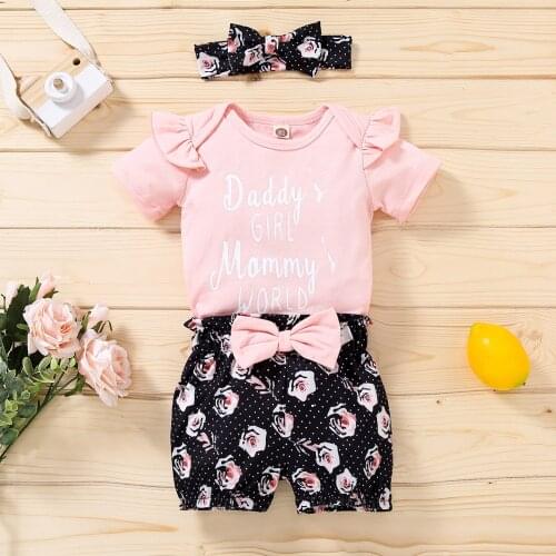 Baby Girls 3Pcs Summer Outfits Short Sleeve Letter Print Romper + Floral Shorts + Headband Sets