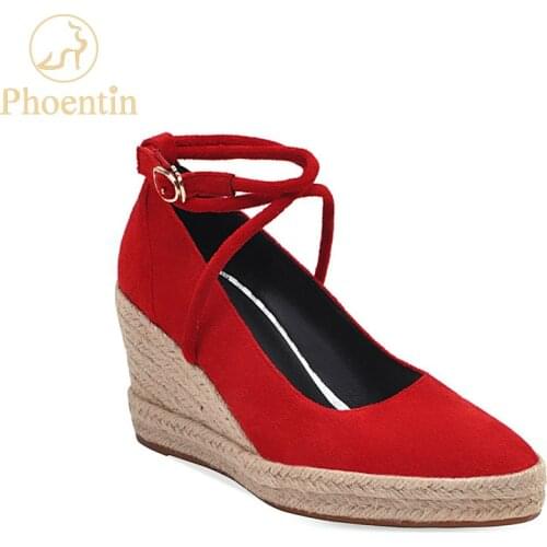 Phoentin red cross tied wedges shoes for women ankle buckle strap pumps pointed toe platform woman dress shoes 8cm wedge FT882
