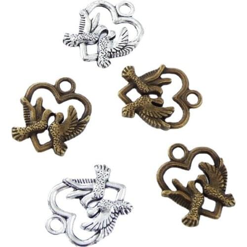 50 Pcs/Lot 18.8*15.5MM Zinc Alloy Birds Charms Antique Bronze Plated Heart Pendants For Diy Bracelet Necklace Jewelry