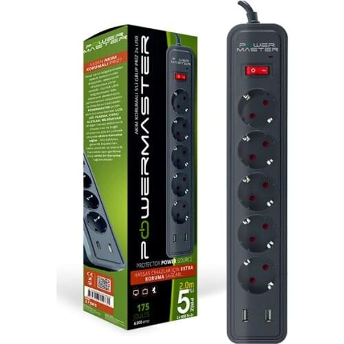 POWERMASTER PM-17565 2 USB OUTPUT 5Lİ 2 METRE WIRED CURRENT PROTECTED SOCKET (175 JOULE-16A-4000 WATT)