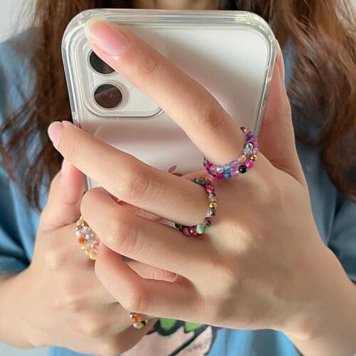 Mixed Color Natural Stone Rings Bohemia Cute Healing 3mm Beads Ring for Women Girls Stainless Steel Elastic Jewelry Wholesale