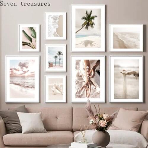 Sand Falling Picking Seashells Palm Tree Calm Beach Wall Art Print Canvas Painting Nordic Poster Decor For Living RoomPictures
