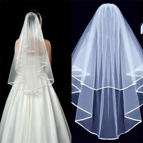 2021 New Arrival Wedding Accessories Two Layer Stain Ribbon Edge White Ivory Wedding Veils Bridal Veils With Comb