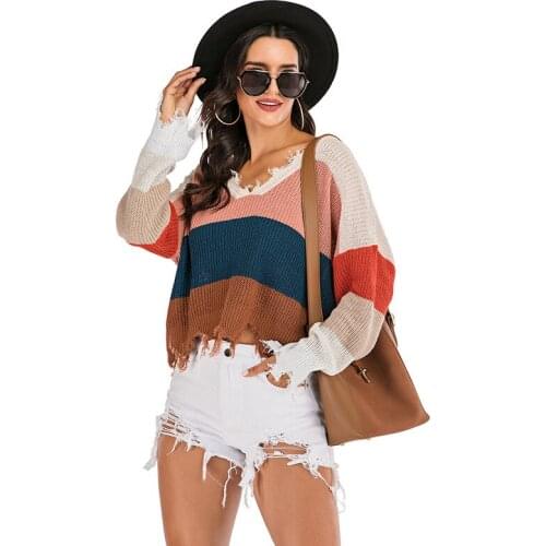 V Neck Striped Sweater Batwing Long Sleeve Loose Pullover Sweater Women Casual Office Knitted Ladies Tops Patchwork Pull Femme