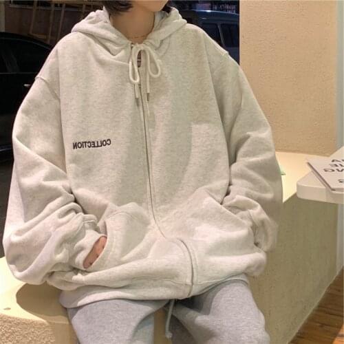 Korean Style Plus Velvet Thickening Hooded Zipper Sweatshirt Jacket Fashion Solid Color Letter Embroidery Students Loose Coat