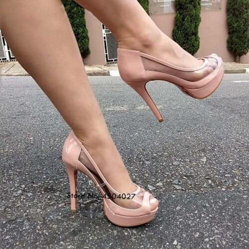 Fasion Platform Dress Pumps Thin High Heel Clear PVC Patchwork Open Toe Slip-on Shoes Footwear