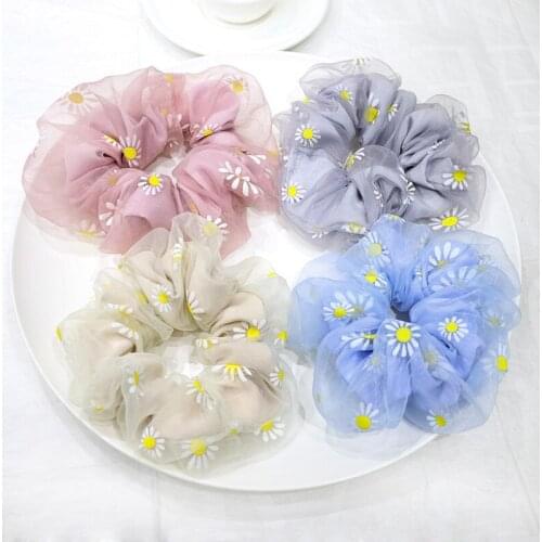Spring Summer Daisy Gauze Scrunchies Ladies Rubber Band Korean New Headdress Oversize Hair Rope Elastic Hair Band