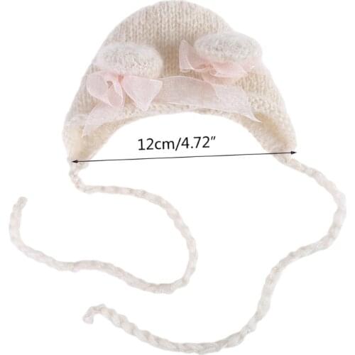 W3JF Newborn Photography Props Cute Crochet Mohair Hat Baby Bowknot Knitted Beanies Cap Infants Photo Shooting Accessories Gift