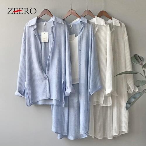 Spring Korean Women Long Sleeve Lapel Stripe Perspective Thin Casual Blouses Summer Sun Protection Clothing Long Shirt Top 2021