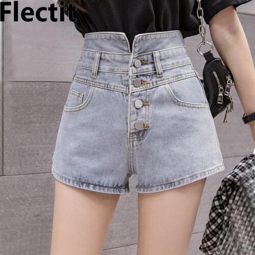 Flectit High Waist Denim Shorts Women Button Fly Jean Shorts Summer 2021 Student Girl Casual Streetwear
