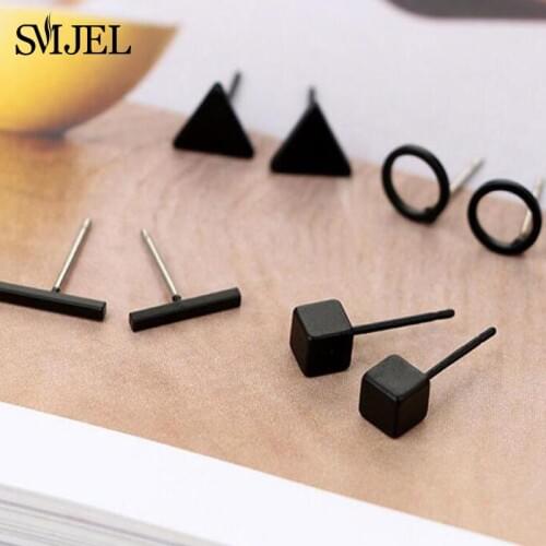 SMJEL Small Round Triangle Stud Earring For Women Geometric Bar Ear Earrings Black Jewelry 4 pairs Wholesale Fashion Earing