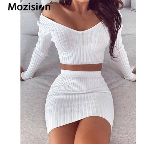 Mozision V Neck Long Sleeve Short Top Skirt Two Piece Set For Women Solid Crop Top Skirt Set Female Winter New Sexy Skinny Suits