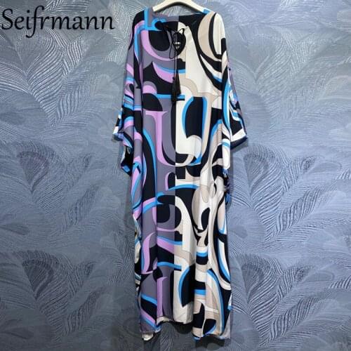 Seifrmann New 2021 Summer Women Fashion Designer Maxi Dress Batwing Sleeve Bow Geometric Printed Ladies Long Dresses Loose Robe
