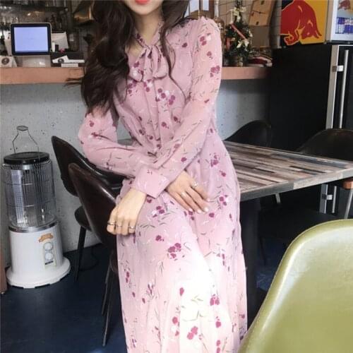 2020 New Spring Summer Women Dresses Floral Chiffon High Waist Casual Single Breasted V-Neck Sweet Lace Up Bow Long Dress DR1803