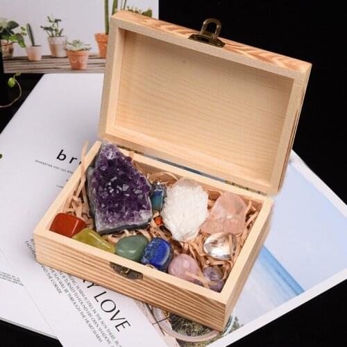11Pcs Crystals and Healing Stones Kit With Wood Box 7 Raw Chakra Pendulum Amethyst Rose Quartz Natural Gemstones Kit