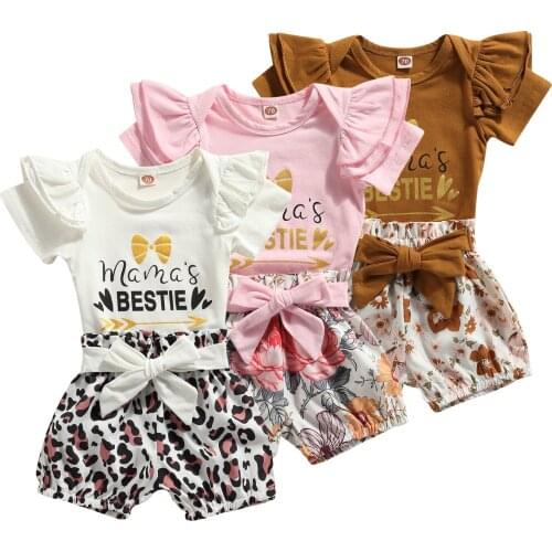 New Baby Girls 2PCS Summer Outfits, Short Sleeve Letter Print Bodysuit + Belted Shorts Set