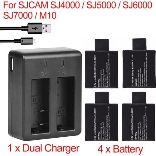 4pcs 900mah battery + 1 x Dual charger For EKEN H9 H8 H9R H8R H3R SJCAM SJ4000 SJ5000 SJ6000 SJ8000 M10 Digital Camera BATTERY