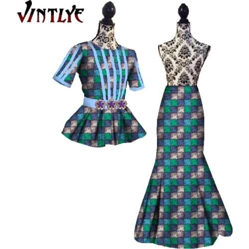 African Women Clothes 2 Piece Sets Short Sleeves Top Shirts and Skirts Match Lace Ankara Bazin Riche Dashiki Party Costume WY440