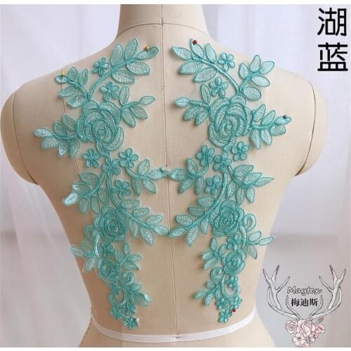 Free Shipping 2 Pieces/1 Pair 35*14.5cm Lake Blue Red Ivory Large Folwer Lace Applique Lace Trim Clothing Dress DIY Accessories