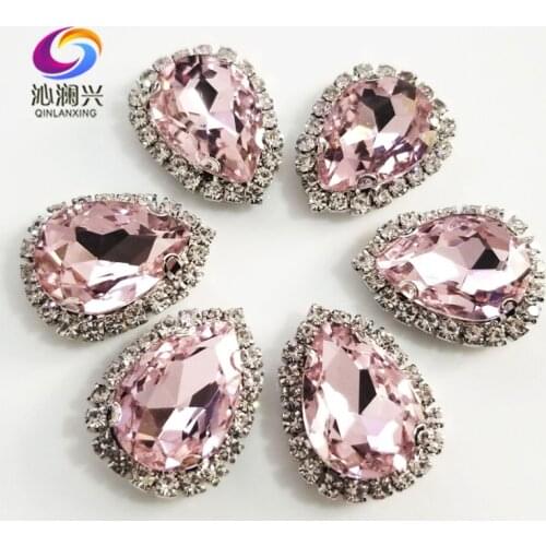 Free shipping Top grade Silver bottom Glass Crystal buckle,Pink Drop shape sew on rhinestones,Diy/wedding decoration SWSKY09