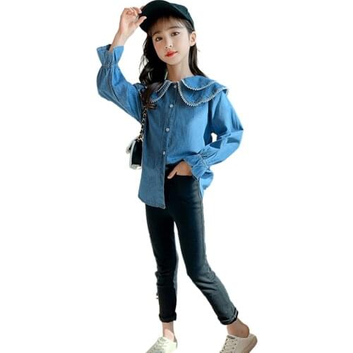 Girls Blouse Shirt Solid Color Denim Blouse Girl Spring Autumn Childrens Blouse For Girls Casual Style Childrens Clothing Girl