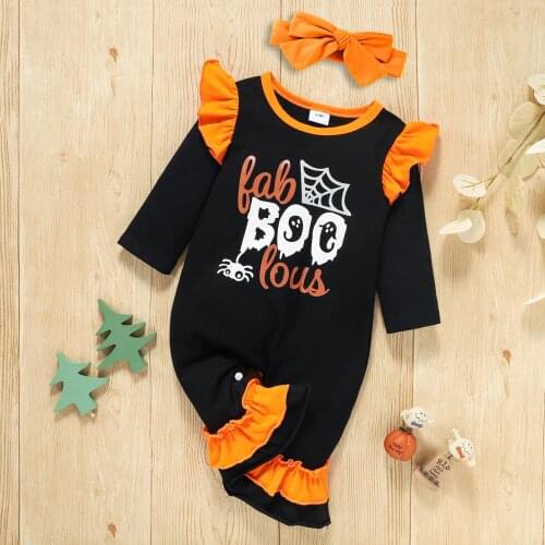 Emmababy Baby Halloween Cute Wear Girls Two-piece Clothes Set Letters and Spider Printed Pattern Long Sleeve Romper Headdress