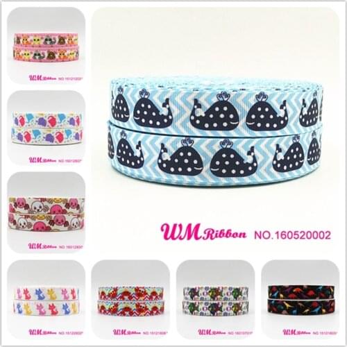 Q&N ribbon 7/8inch 22mm whale on light blue chevron webbing printed grosgrain ribbon 50yards/roll For Hair Bows DIY Handmade