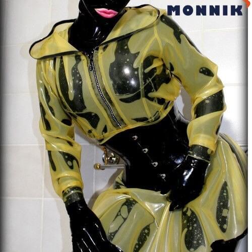 MONNIK latex 100% Latex Skirt Rubber Yellow and Black Sexy Hoodie Dress 0.4mm
