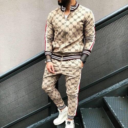 Gentleman Flower Plaid Mens Suit Jacket + Pants Sports Tracksuit High Quality 3D Printing Zipper Two-Piece Set men Sport Suit