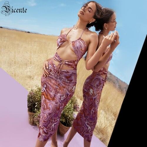 VC Lace-up Dress With Draped Sexy Slim Halter Neck Waist Hollow Open Back Fluid Painting Pattern