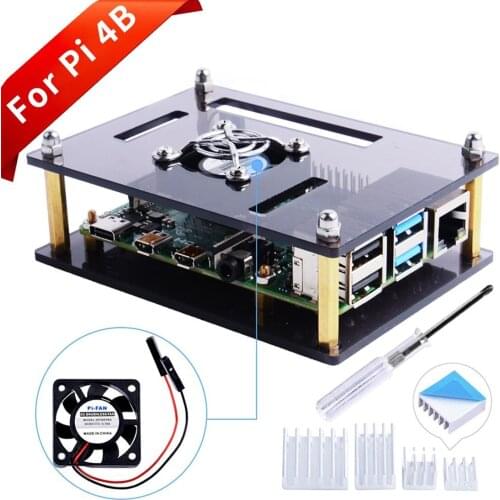 Raspberry Pi Brown Single Layer Acrylic Case with Fan (Support Pi 4) 4 Aluminum Heat Sinks Thermal Tape