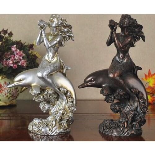 Modern minimalist statue mermaid figure sitting on dolphin artwork portrait craft sculpture living room home decoration a0158