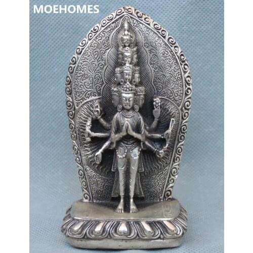 Tibetan Buddhism Silver 1000 Arms Avalokiteshvara of Goddess Guan Yin Statue family decorations metal handicraft