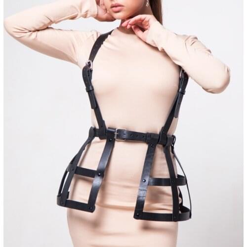 UYEE Gothic Women PU Leather Harness Black Dress Waistband Adjustable Punk Body Bondage Belt Cage Skirt Fetish Suspenders LD-008