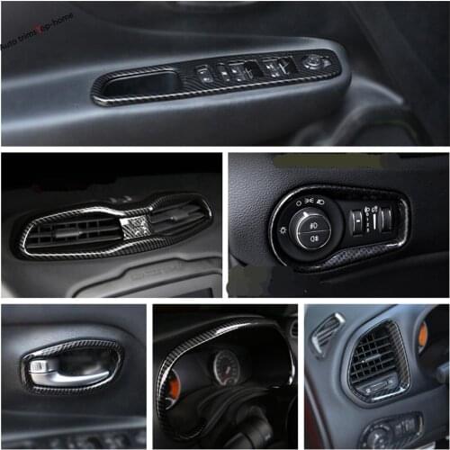 Carbon Fiber Look Interior Refit Kit Lift Button / Headlamps / Air AC Panel / Dashboard Cover Trim For Jeep Renegade 2015 - 2020