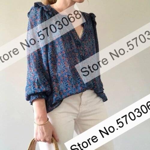 Elfstyle Women High-end Silk Buttoned Ruffled Floral Print Blouse Shirt Top