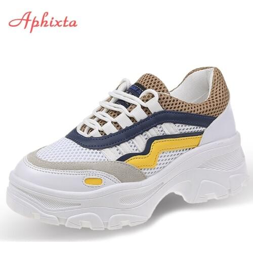 Aphixta 2020 Female Platfom Ankle Boots Women Sneakers 5cm Heel Breathable Mesh Shoes Woman Sneaker Casual Chunky Trainers