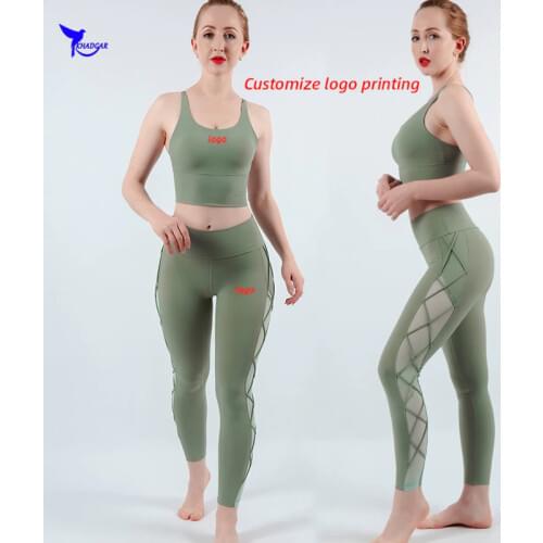 Custom LOGO Breathable Mesh Patchwork Yoga Set Women 2Pcs Gym Fitness Sport Suit Bra+Leggings Running Workout Sportswear Clothes