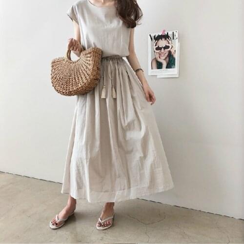 Women Summer Short Sleeve Cotton Linen High Waist Long Dress Loose Elastic Waist Ruffle Solid Casual Dresses Drawstring