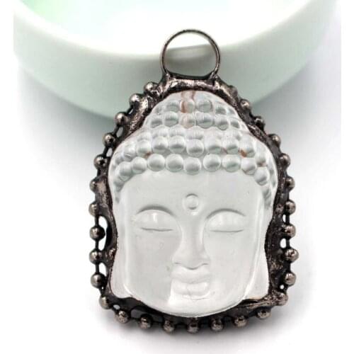 3pcs Copper Wrapped Black Obsidian Pendant Natural Stone Ethnic Style Carved Buddha Head White Crystal Pendant Fengshui Jewelry
