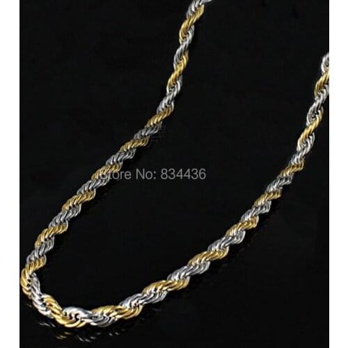 Free shipping 2mm 3mm gold and steel two tone color stainless steel Twisted rope necklaces chains mens womens Jewelry 50pcs