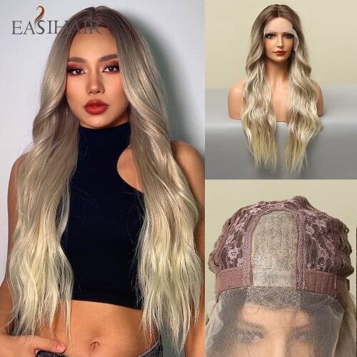 EASIHAIR Long Brown to Blonde Synthetic Wig Hairline Lace Wig for Women Soft Hair Front Lace Part Wig Cosplay Wig Heat Resistant